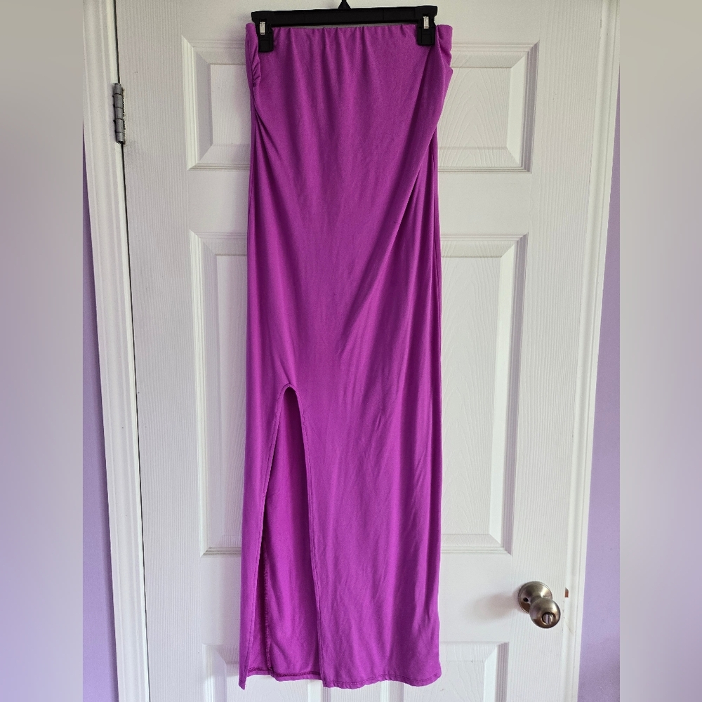 Purple Strapless Maxi Dress with Slit